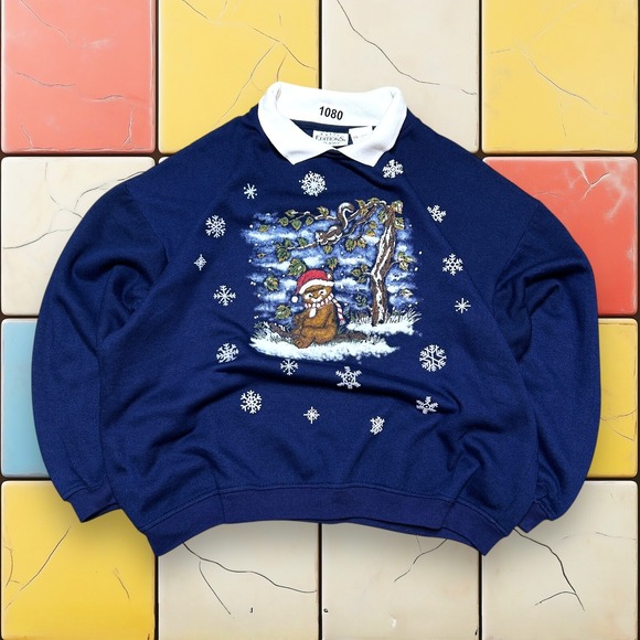 Vintage Basic Edition Holiday‎ Womens Ugly Sweaters Christmas 90s Blue Size XL - Picture 1 of 12